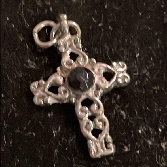 1” silver tone cross w/black onyx colored bead charm/pendant w/jump hoop - Picture 5 of 9